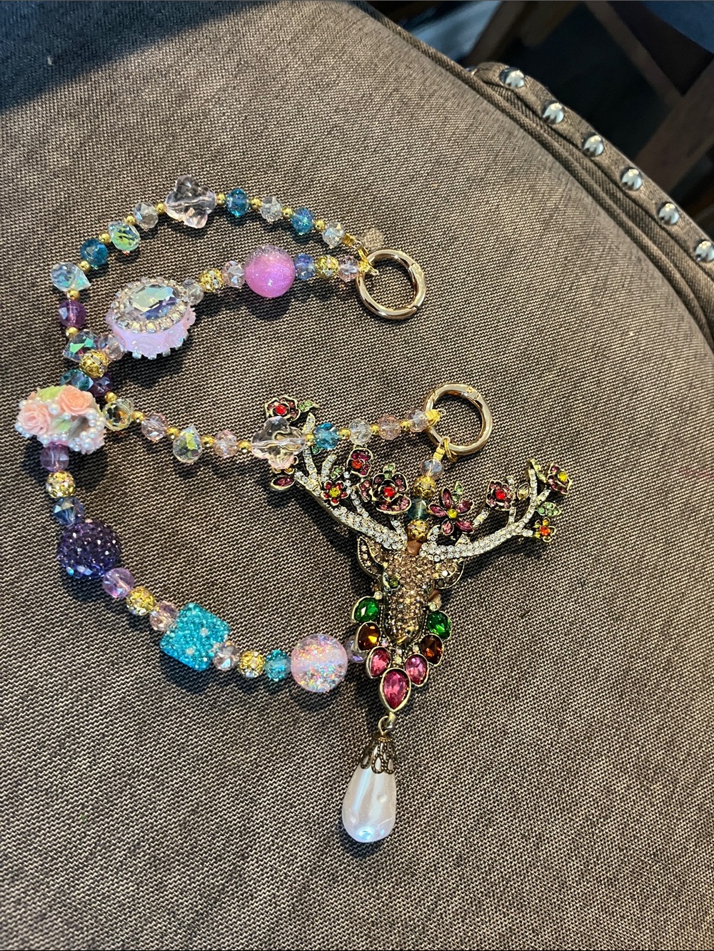 Multicolor Crystal Deer Pendant Necklace with Pearl Drop - Women Bag Charm
